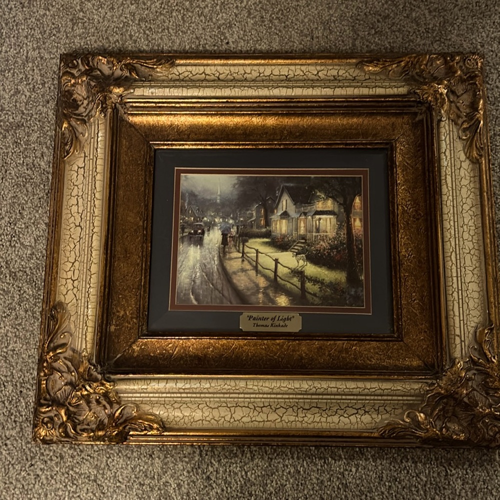 Thomas Kinkade painter of light gold ornate framed print
